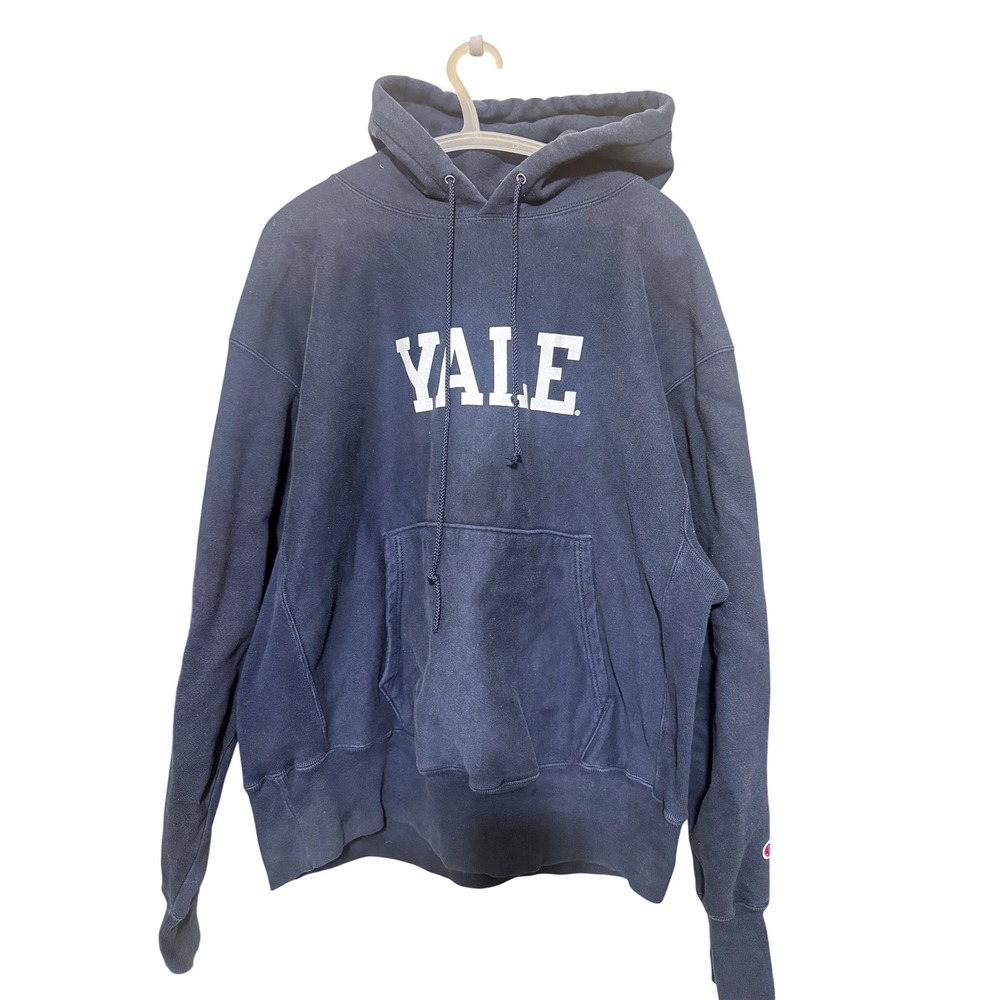Vintage Champion Reverse Weave Yale Hoodie Navy Blue XL College Sweatshirt HOLE